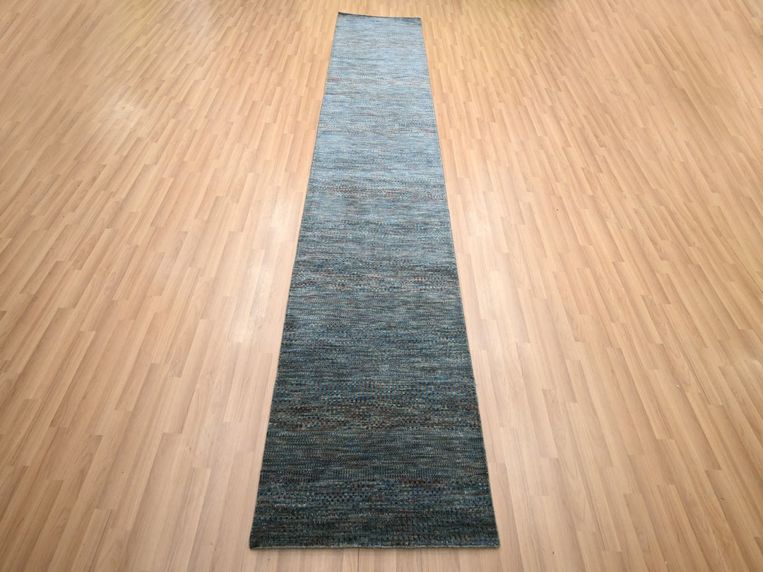 2'7" x 12'2" New Hand Knotted Blue Wool & Silk Runner Oriental Rug - MOA10283221