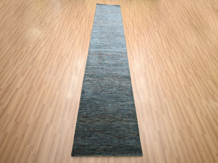 2'7" x 12'2" New Hand Knotted Blue Wool & Silk Runner Oriental Rug - MOA10283221