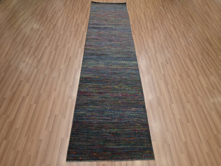 3'0" x 10'1" New Hand Knotted Blue Wool & Silk Runner Oriental Rug - MOA10283243