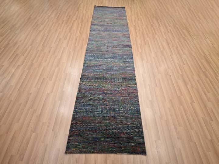 2'9" x 10'2" New Hand Knotted Blue Wool & Silk Runner Oriental Rug - MOA10283245