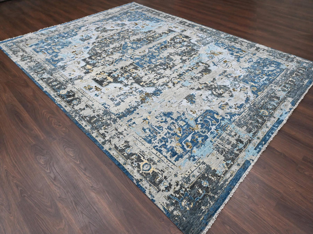 8'10" x 11'10" New Hand Knotted Blue Wool Rectangle Oriental Rug - MOA10284128
