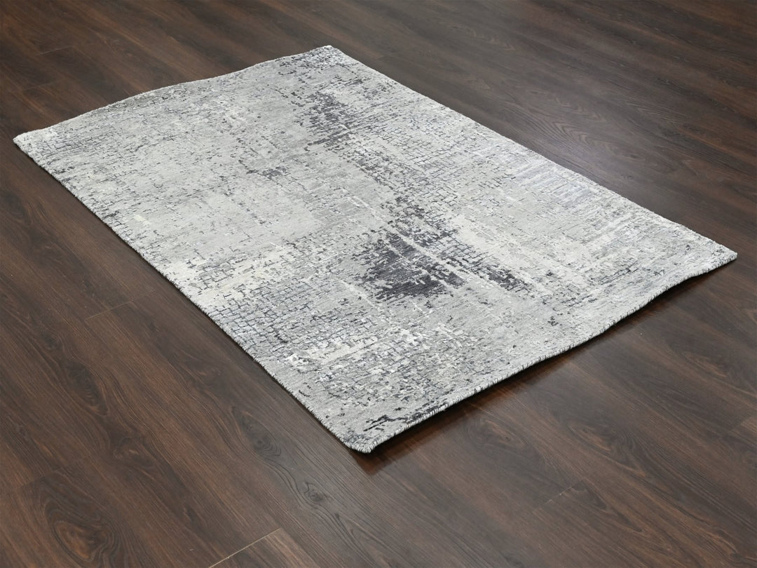 4'1" x 6'0" New Hand Knotted Grey Wool & Silk Rectangle Oriental Rug - MOA10284164