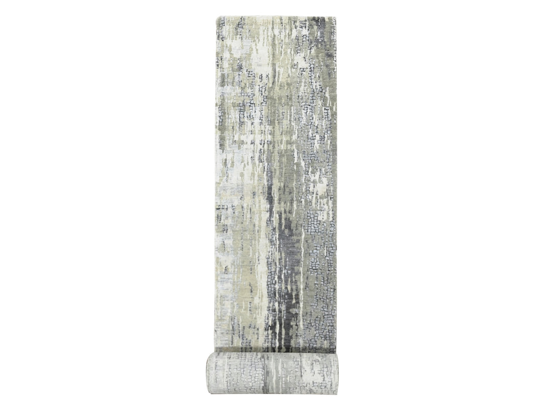 2'9" x 22'3" New Hand Knotted Grey Wool & Silk Runner Oriental Rug - MOA10284234