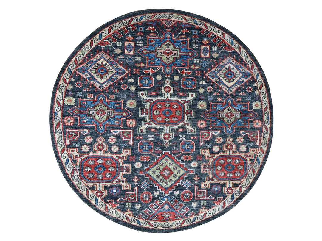 7'9" x 7'9" New Hand Knotted Black Wool Round Oriental Rug - MOA10284319