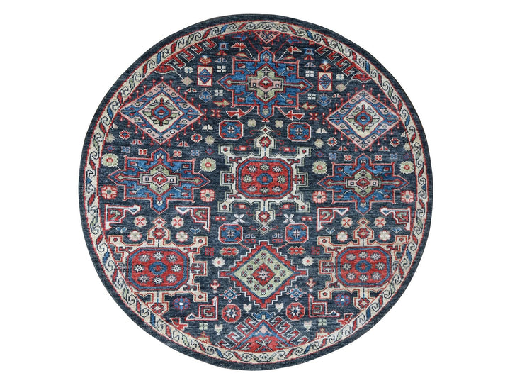 7'9" x 7'9" New Hand Knotted Black Wool Round Oriental Rug - MOA10284319