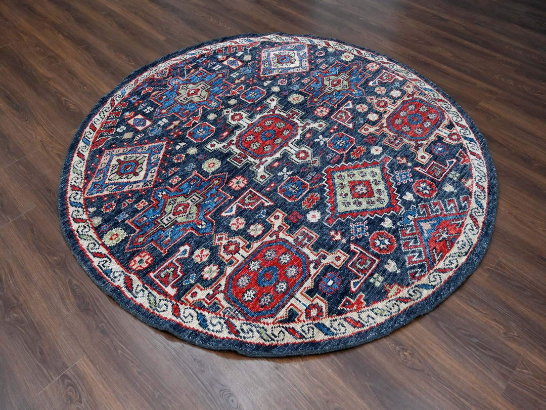 7'9" x 7'9" New Hand Knotted Black Wool Round Oriental Rug - MOA10284319