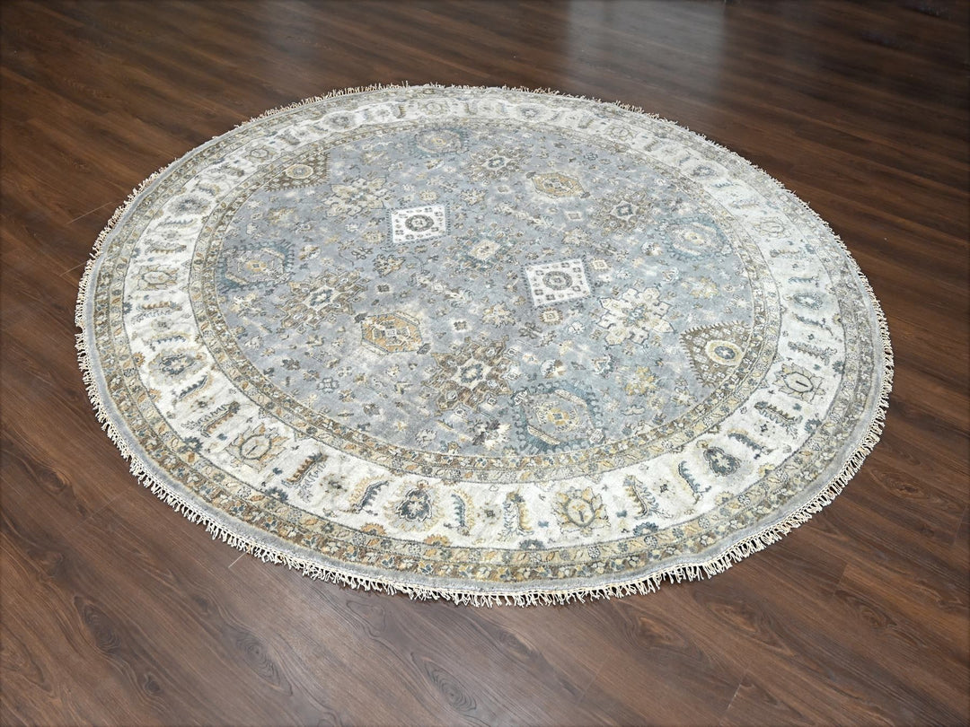 8'10" x 9'0" New Hand Knotted Grey Wool Round Oriental Rug - MOA10284415