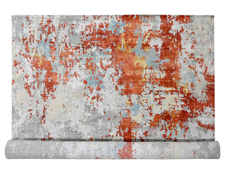 13'9" x 17'9" New Hand Knotted Grey Wool & Silk Rectangle Oriental Rug - MOA10284455