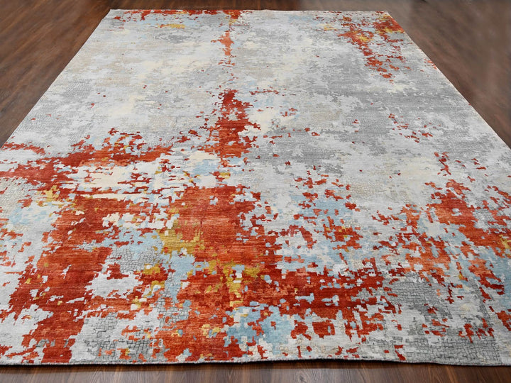 13'9" x 17'9" New Hand Knotted Grey Wool & Silk Rectangle Oriental Rug - MOA10284455