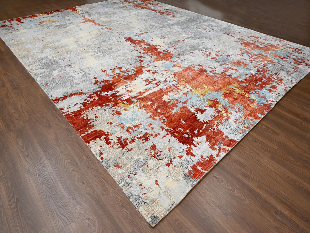 13'9" x 17'9" New Hand Knotted Grey Wool & Silk Rectangle Oriental Rug - MOA10284455