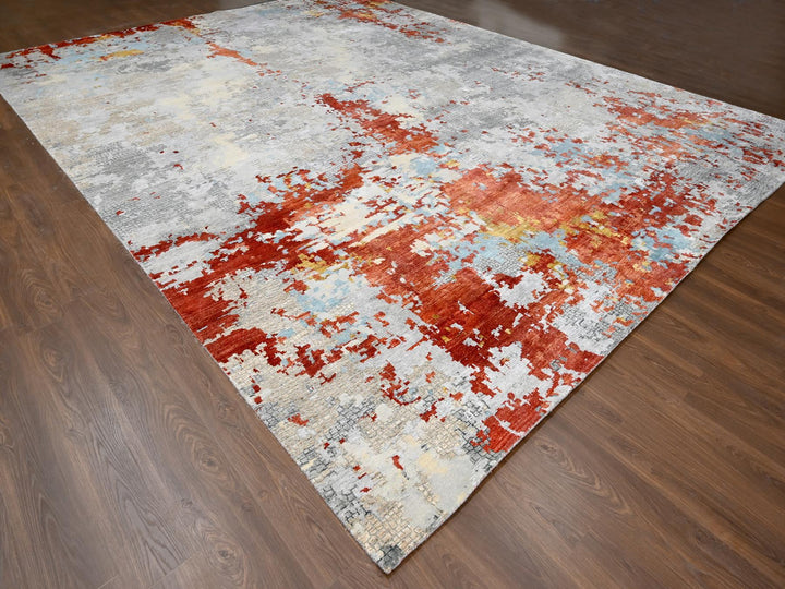 13'9" x 17'9" New Hand Knotted Grey Wool & Silk Rectangle Oriental Rug - MOA10284455