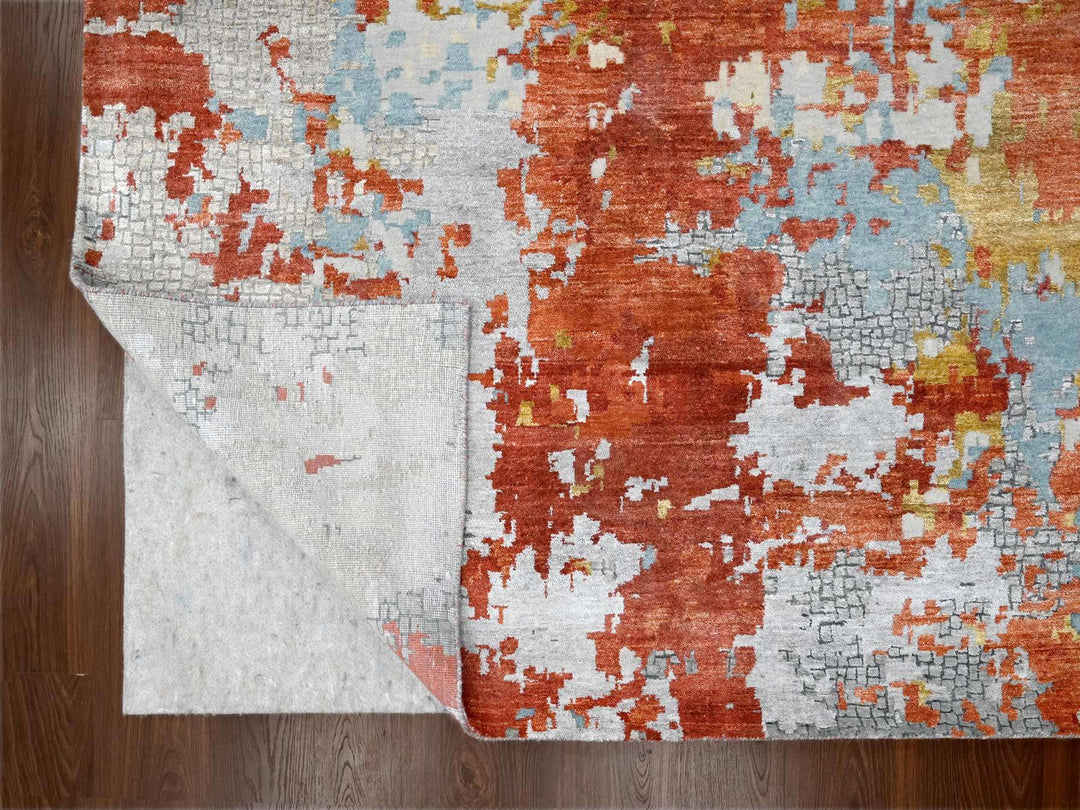 13'9" x 17'9" New Hand Knotted Orange Wool & Silk Rectangle Oriental Rug - MOA10284455