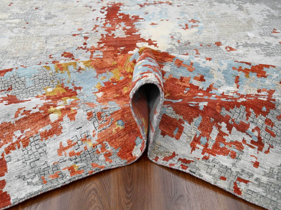 13'9" x 17'9" New Hand Knotted Orange Wool & Silk Rectangle Oriental Rug - MOA10284455