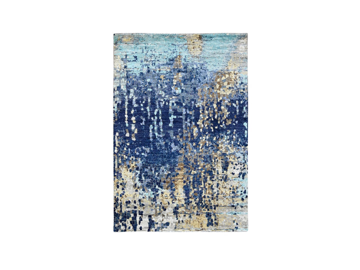 4'0" x 5'11" New Hand Knotted Blue Wool & Silk Rectangle Oriental Rug - MOA10284515