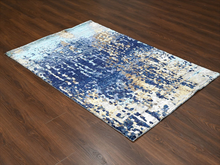 4'0" x 5'11" New Hand Knotted Blue Wool & Silk Rectangle Oriental Rug - MOA10284515