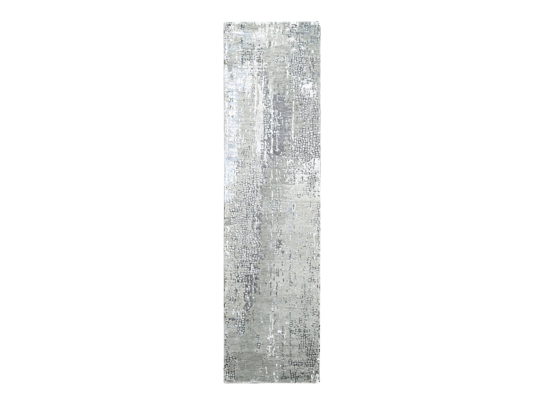 2'7" x 9'10" New Hand Knotted Grey Wool & Silk Runner Oriental Rug - MOA10284516
