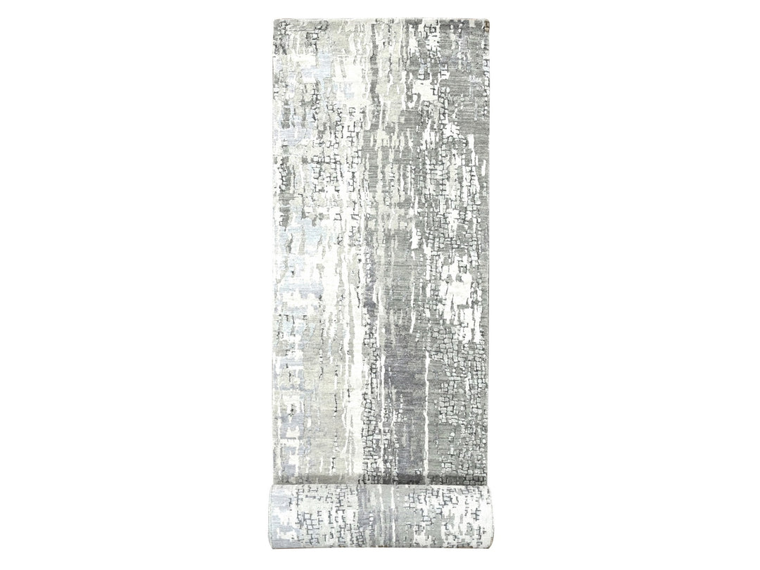 2'9" x 19'9" New Hand Knotted Grey Wool & Silk Runner Oriental Rug - MOA10284517