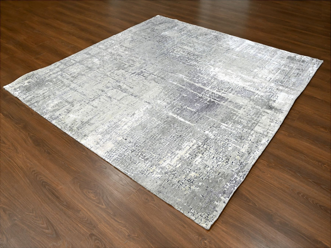 8'1" x 7'9" New Hand Knotted Grey Wool & Silk Square Oriental Rug - MOA10284589