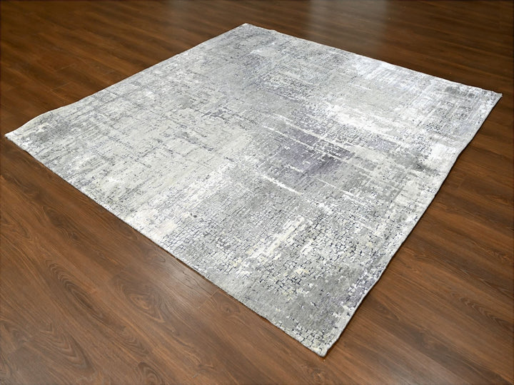 8'1" x 7'9" New Hand Knotted Grey Wool & Silk Square Oriental Rug - MOA10284589