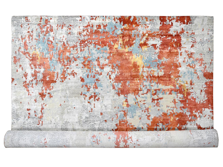 12'0" x 17'10" New Hand Knotted Grey Wool & Silk Rectangle Oriental Rug - MOA10284591