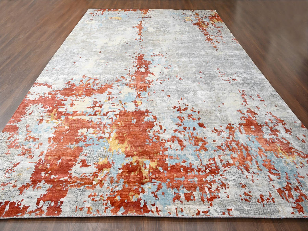 12'0" x 17'10" New Hand Knotted Orange Wool & Silk Rectangle Oriental Rug - MOA10284591