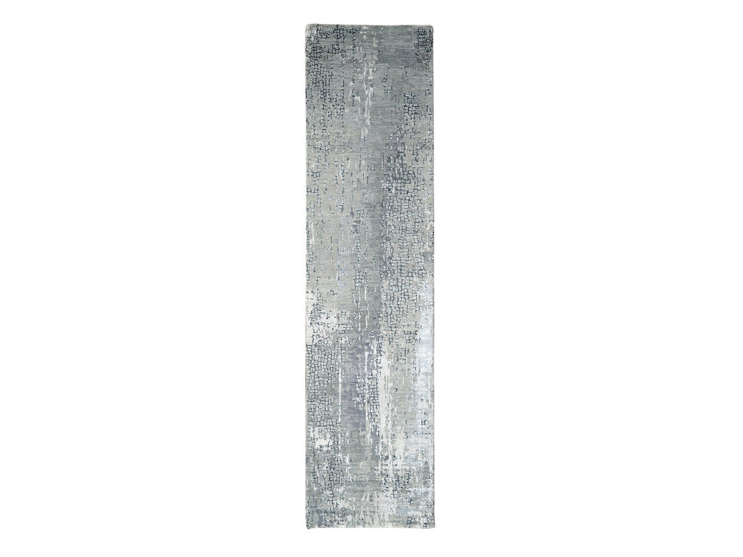 2'6" x 9'9" New Hand Knotted Grey Wool & Silk Runner Oriental Rug - MOA10284604