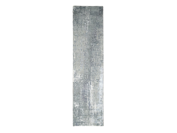 2'6" x 9'9" New Hand Knotted Grey Wool & Silk Runner Oriental Rug - MOA10284604