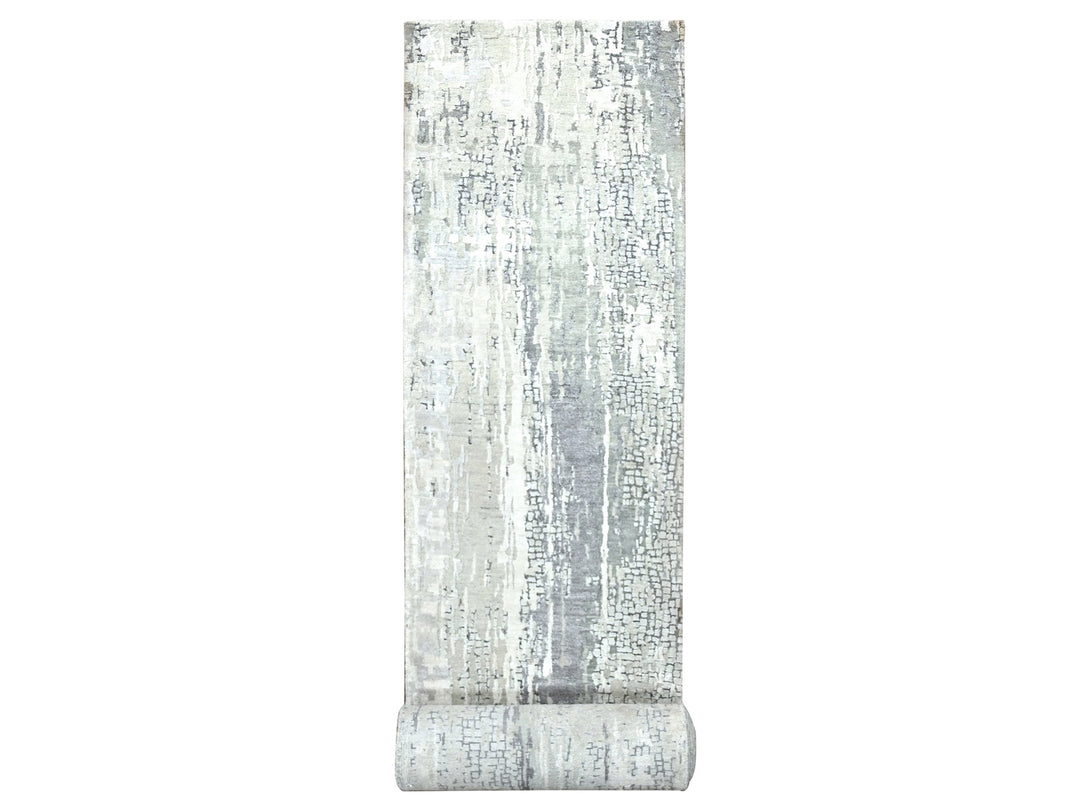 2'5" x 17'11" New Hand Knotted Grey Wool & Silk Runner Oriental Rug - MOA10284615
