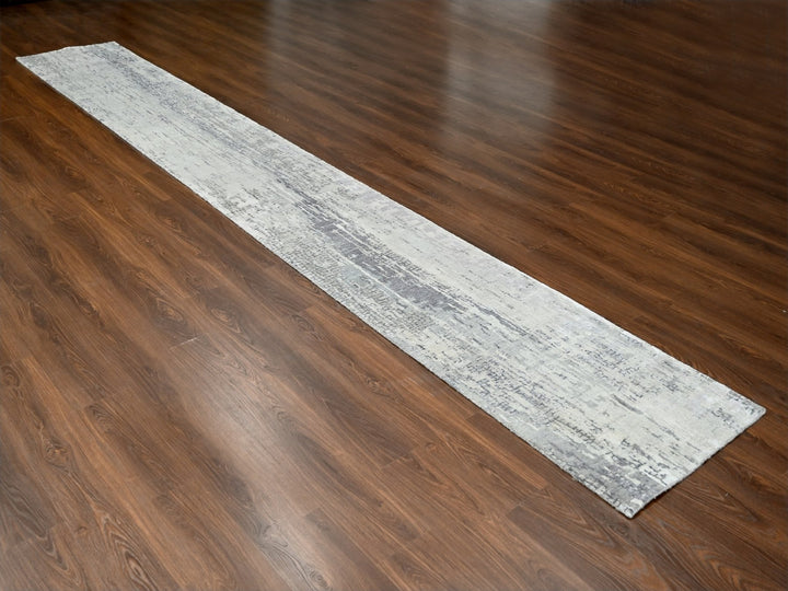 2'5" x 17'11" New Hand Knotted Grey Wool & Silk Runner Oriental Rug - MOA10284615