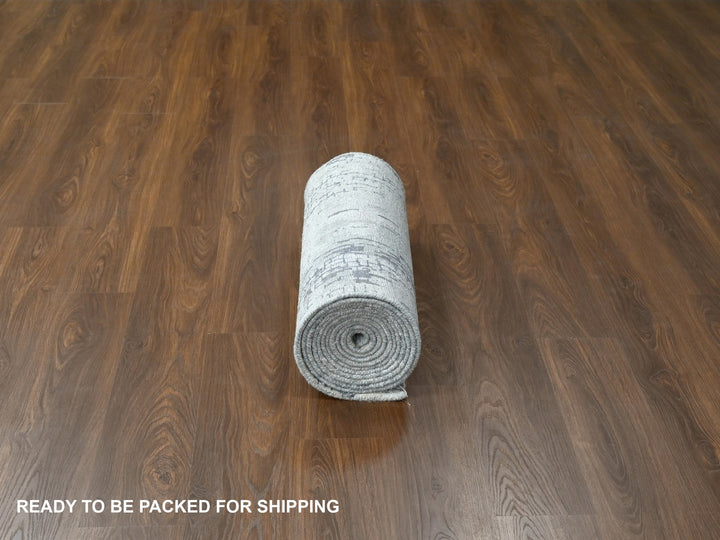 2'5" x 17'11" New Hand Knotted Grey Wool & Silk Runner Oriental Rug - MOA10284615