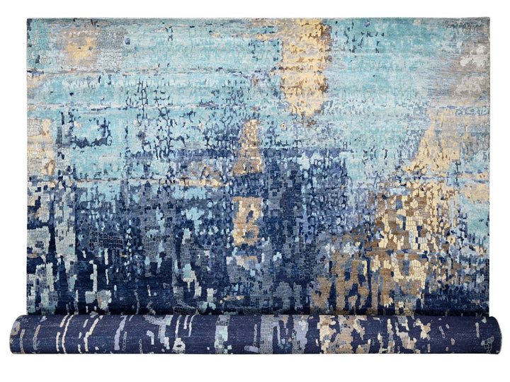 13'9" x 17'9" New Hand Knotted Blue Wool & Silk Rectangle Oriental Rug - MOA10284680