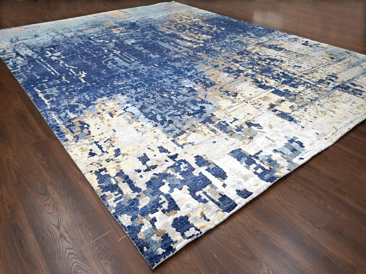 13'9" x 17'9" New Hand Knotted Blue Wool & Silk Rectangle Oriental Rug - MOA10284680