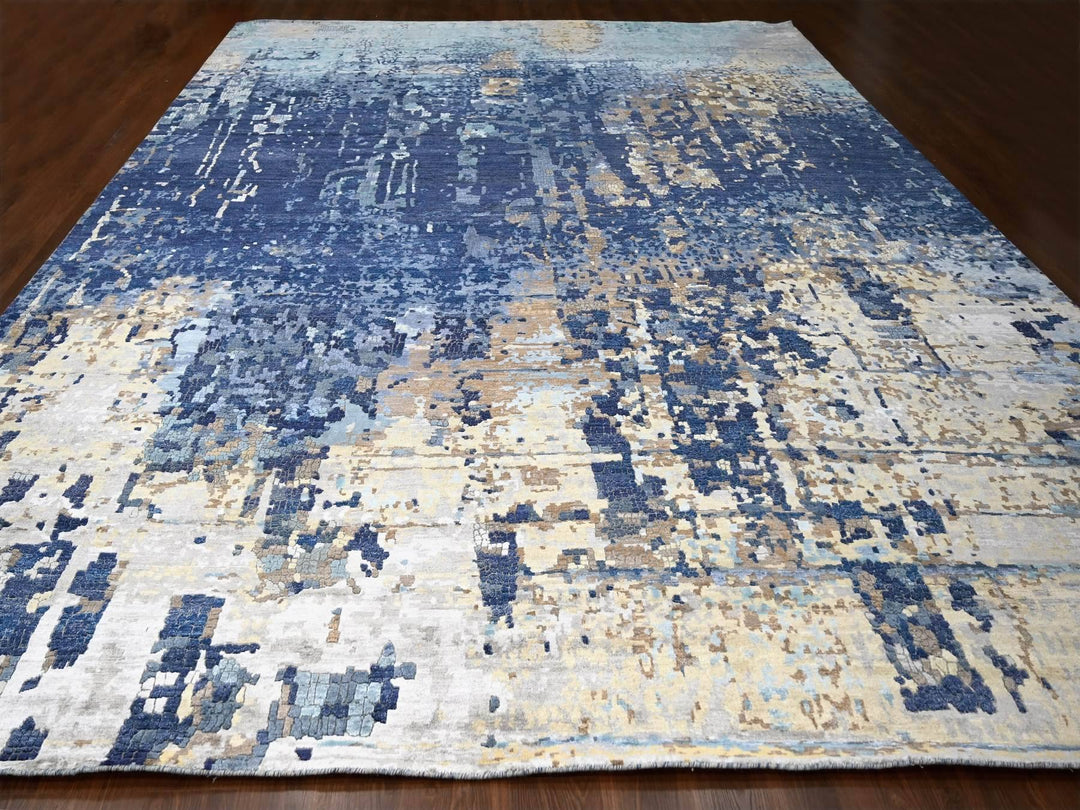13'9" x 17'9" New Hand Knotted Blue Wool & Silk Rectangle Oriental Rug - MOA10284680
