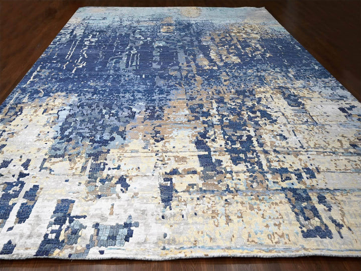 13'9" x 17'9" New Hand Knotted Blue Wool & Silk Rectangle Oriental Rug - MOA10284680