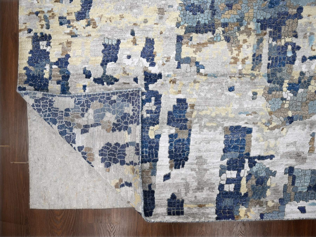 13'9" x 17'9" New Hand Knotted Blue Wool & Silk Rectangle Oriental Rug - MOA10284680