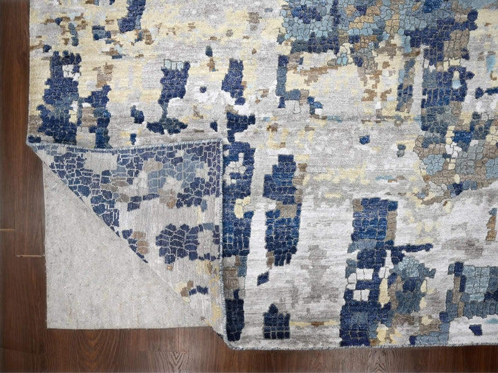 13'9" x 17'9" New Hand Knotted Blue Wool & Silk Rectangle Oriental Rug - MOA10284680