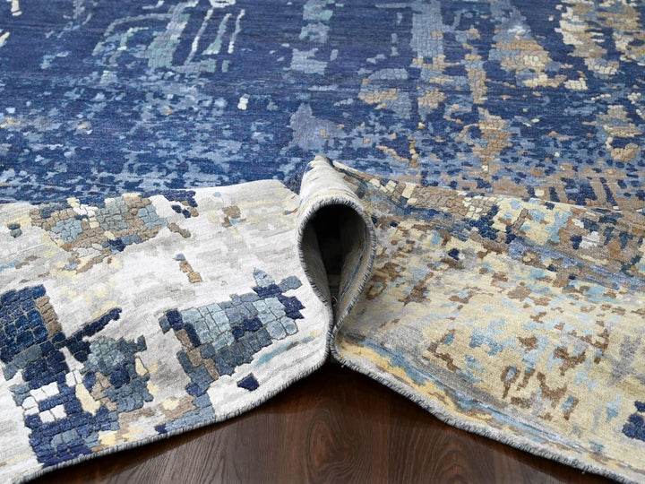 13'9" x 17'9" New Hand Knotted Blue Wool & Silk Rectangle Oriental Rug - MOA10284680