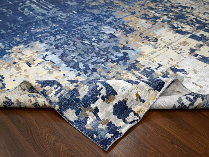 13'9" x 17'9" New Hand Knotted Blue Wool & Silk Rectangle Oriental Rug - MOA10284680