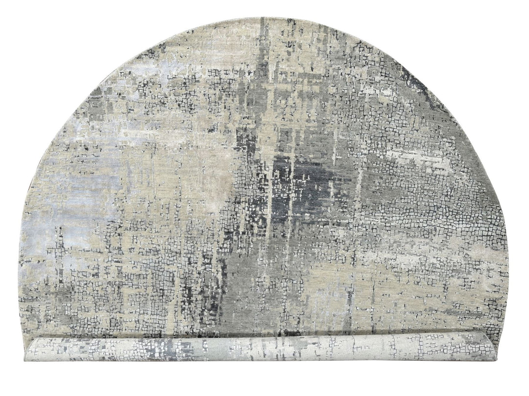 9'10" x 9'10" New Hand Knotted Grey Wool & Silk Round Oriental Rug - MOA10284681