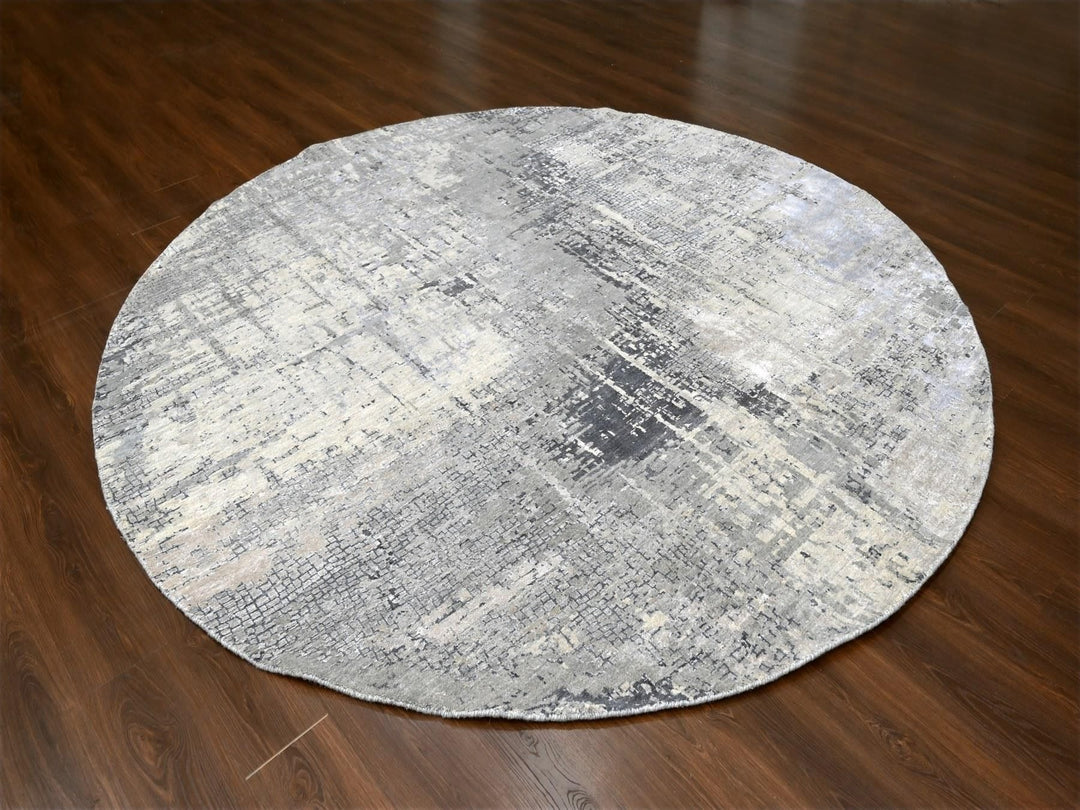 9'10" x 9'10" New Hand Knotted Grey Wool & Silk Round Oriental Rug - MOA10284681