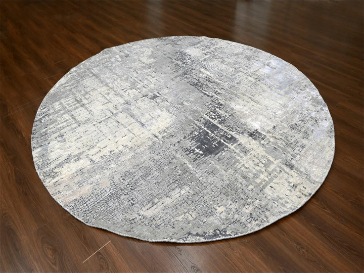9'10" x 9'10" New Hand Knotted Grey Wool & Silk Round Oriental Rug - MOA10284681