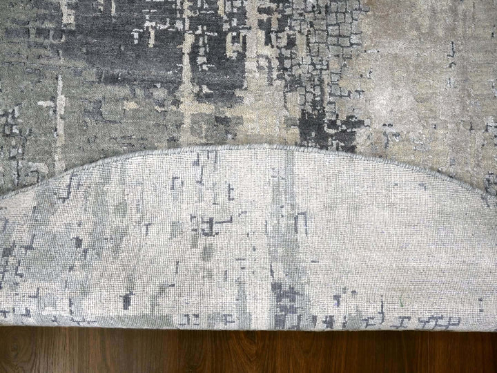 9'10" x 9'10" New Hand Knotted Grey Wool & Silk Round Oriental Rug - MOA10284681