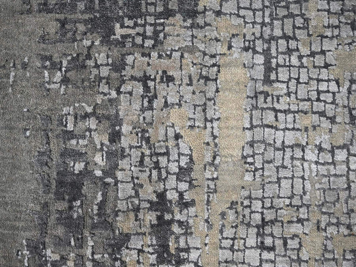 9'10" x 9'10" New Hand Knotted Grey Wool & Silk Round Oriental Rug - MOA10284681