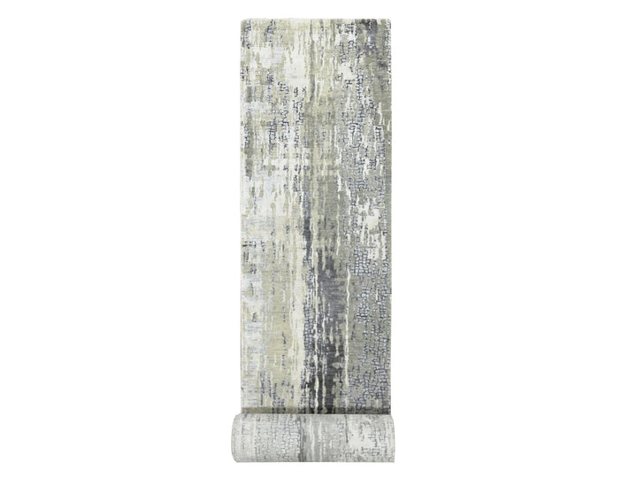 2'8" x 25'7" New Hand Knotted Grey Wool & Silk Runner Oriental Rug - MOA10284722