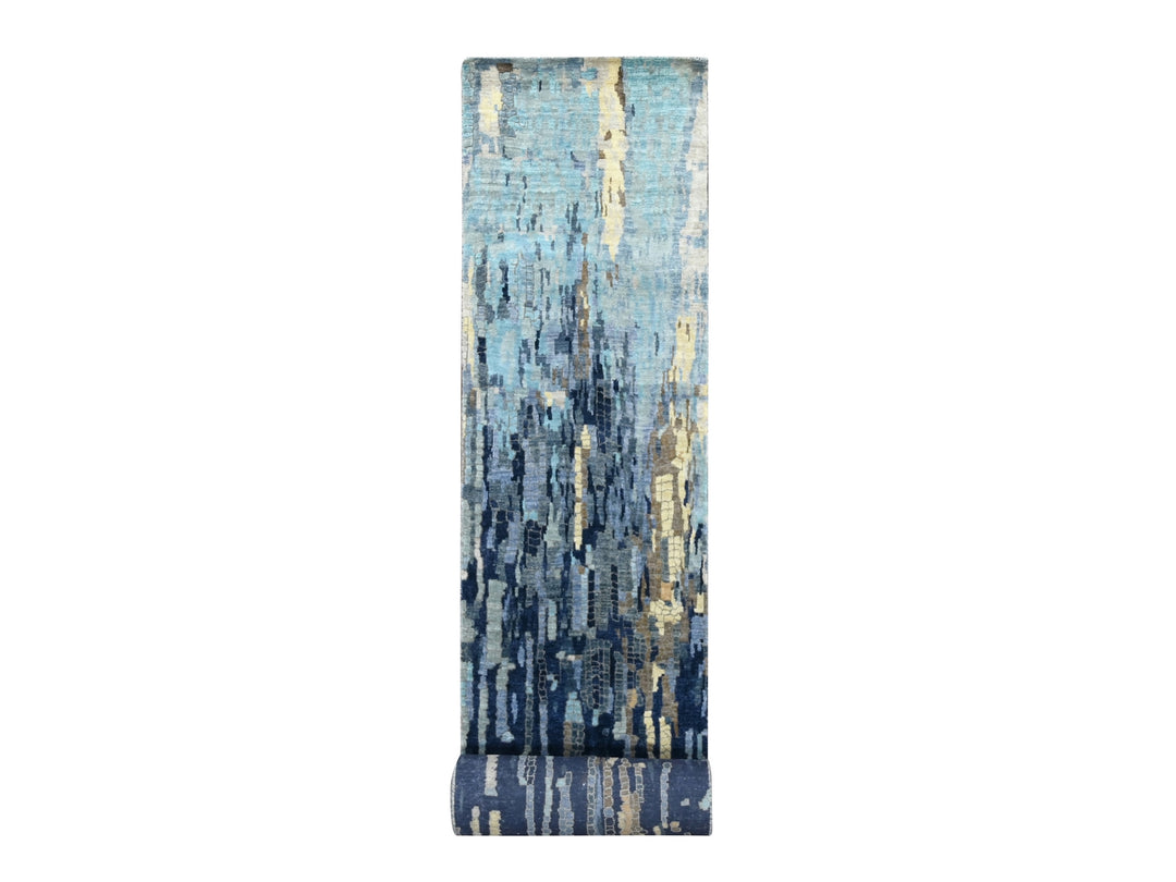 2'6" x 17'9" New Hand Knotted Blue Wool & Silk Runner Oriental Rug - MOA10284724