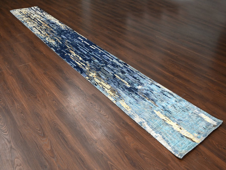 2'6" x 17'9" New Hand Knotted Blue Wool & Silk Runner Oriental Rug - MOA10284724