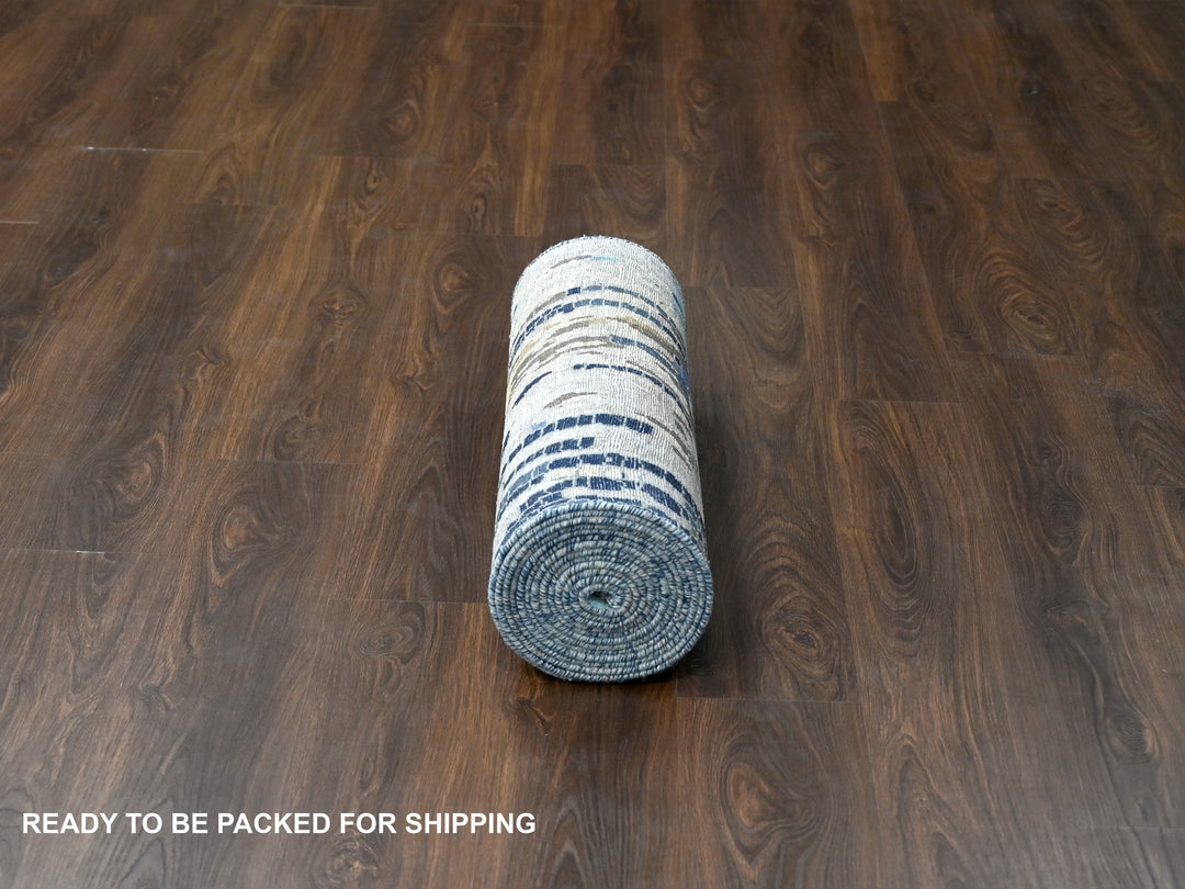 2'6" x 17'9" New Hand Knotted Blue Wool & Silk Runner Oriental Rug - MOA10284724