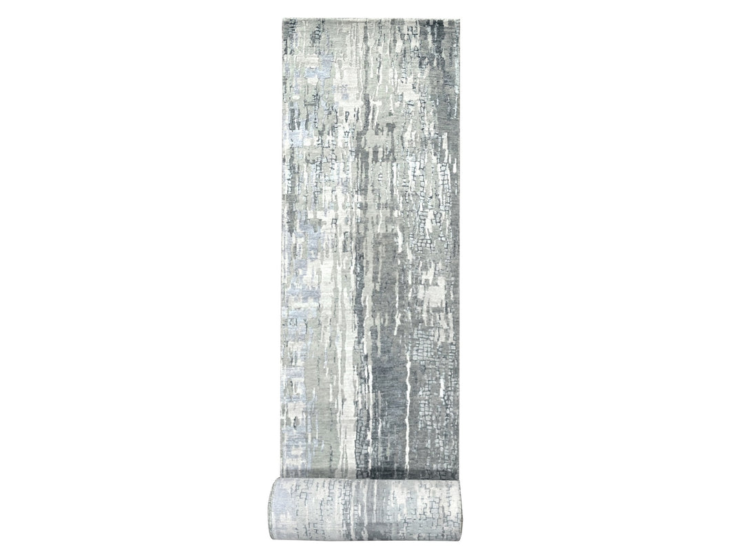 2'9" x 23'8" New Hand Knotted Grey Wool & Silk Runner Oriental Rug - MOA10284728