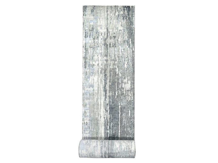 2'9" x 23'8" New Hand Knotted Grey Wool & Silk Runner Oriental Rug - MOA10284728