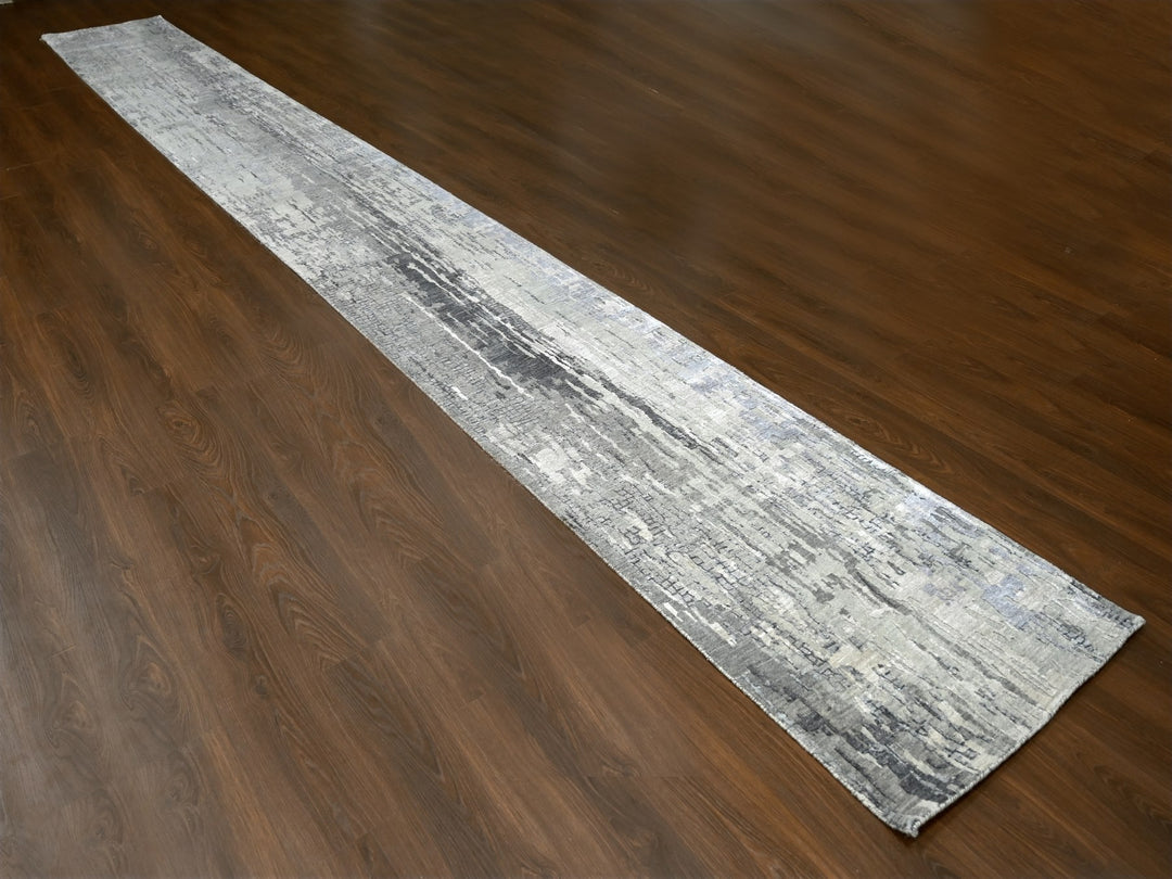 2'9" x 23'8" New Hand Knotted Grey Wool & Silk Runner Oriental Rug - MOA10284728